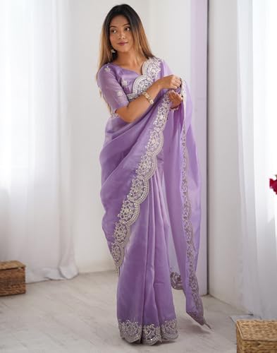 Image of SIRIL Women's Tissue Silk Sequence Embroidery Border Saree With Unstitched Blouse Piece