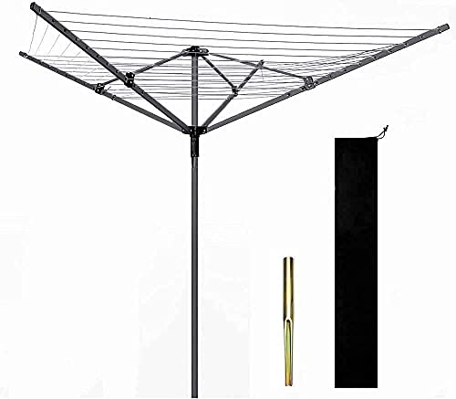 LG TRADERS LIMITED Heavy-Duty Outdoor Rotary Washing Lines, 4 Arm 60 Meter Garden Clothes Dryer with Cover & Metal Ground Spike (Grey)