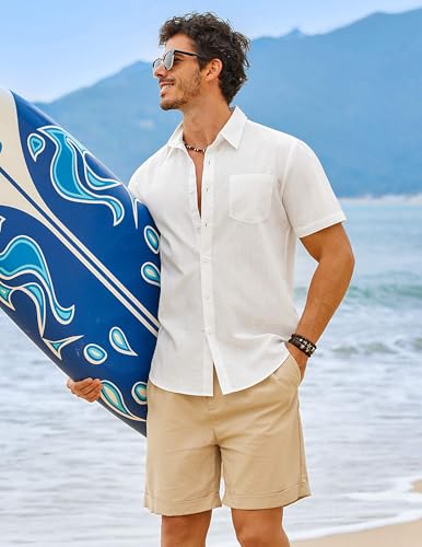 Image of COOFANDY Men's Button Down Short Sleeve Shirt Casual Cotton Summer Beach Wedding Linen Shirts with Pocket