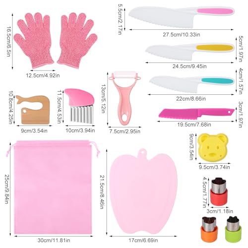 15pcs Montessori Kitchen Tools, Kids Chef Knife Set with Vegetable Cutting Board, Gloves, Fruit Peeler, Crinkle Cutter Serrated Edges Children Cooking Set Real Cooking Supplies for Toddlers