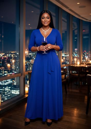 Image of FANDEE Plus Size Maxi Dress for Women Casual Summer Sundress V-Neck 3 /4 Sleeve