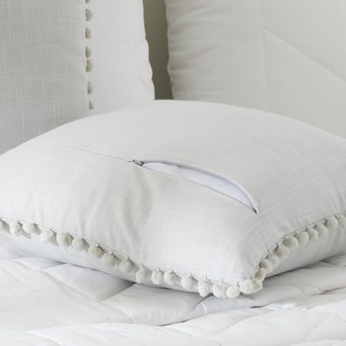 Image of 100% Cotton Pom Pom Cushion Without Filler, Elegant & Modern Cushion Cover for Living Room, Square Shape, 20 inchx20 inch, uni slub, Set of 3 - L.Gray