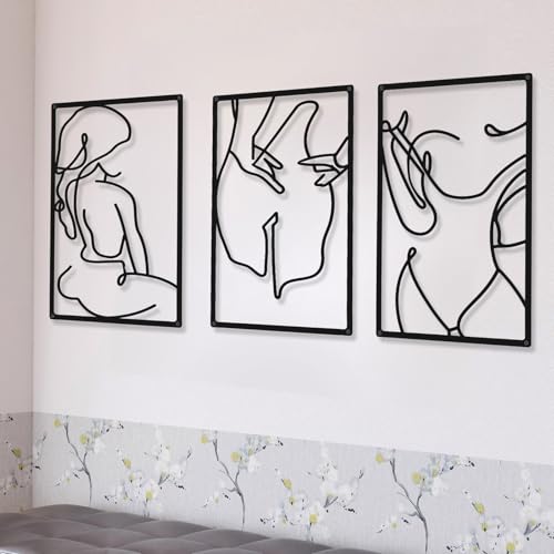 CHENGU 3 peças de arte de parede minimalista abstrata de mulher de metal para decoração de parede de uma linha feminina pendente para casa, decoração de parede para cozinha, casa de banho, sala de
