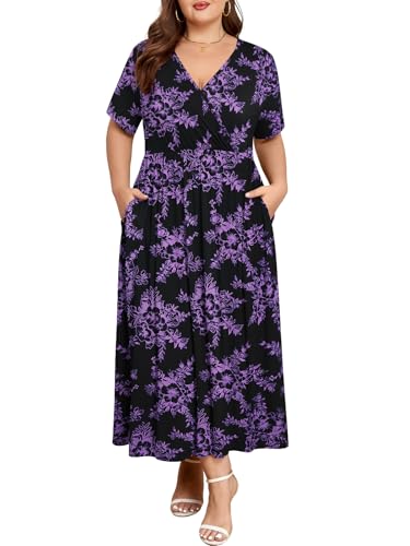 Image of BELAROI Womens Plus Size Maxi Dress Summer Wrap V Neck Flowy Long Sundress Beach Dresses with Pockets