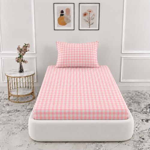 Image of VOMZER Single Size (36x72) 300 TC Soft Cotton Feel Microfiber All Around Elastic Fitted Single Bedsheet with 1 Pillow Cover | Pink Check