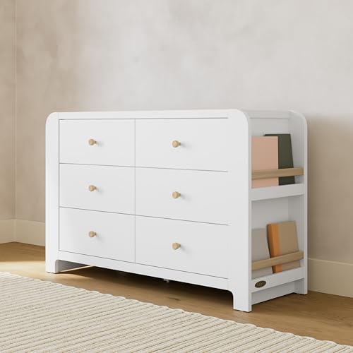 Image of Graco Read-with-Me 6 Drawer Dresser with Bookshelves, White with Driftwood | GREENGUARD Gold Certified, Removable Bookshelves, Nursery & Kids Bedroom Wood Dresser, Spacious Storage, Interlocking Drawers