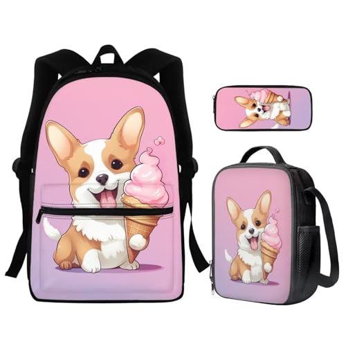 Ice Cream Corgi Backpack for Girls Large Capacity 3PCS Fun Backpack Set with Lunch Bag Pencil Case Novelty Bookbags for Children Teens Lightweight Backpack 3 in 1 Set for School Travel