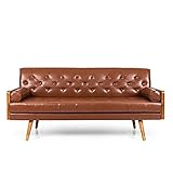 Christopher Knight Home Adelaide Mid-Century Modern Tufted Sofa with Rolled Accent Pillows, Cognac...