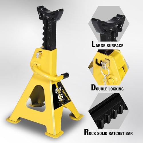 Image of YELLOW JACKET Jack Stands 6 Ton with Double Locking and Large Foot Base for Lifting SUVS, Heavy Duty Steel, 13000 lb Capacity, 1 Pair, Yellow
