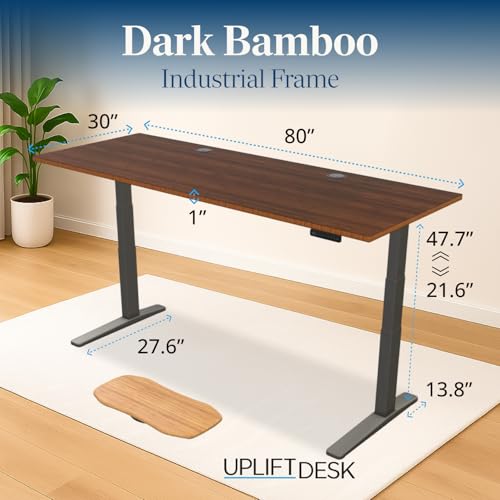 Image of UPLIFTDESK Dark Bamboo (80 x 30 inch) Standing Desk 2-Leg V3 Adjustable Stand Up C-Frame (Indus.), Advanced Keypad, Wire Grommets, Wire Tray, Rocker Board