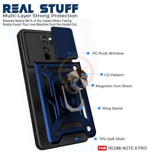 Image of Armor Bumper Back Cover Case for Redmi Note 8 Pro Rotating Camera Cover, Ring Holder & Kickstand | Heavy Duty & 360 Degree Protection Redmi Note 8 Pro Back Cover (Blue)