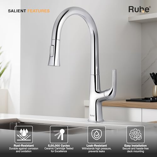 Image of Ruhe Spring Kitchen Sink Mixer Pull-Out Faucet Single Lever Tap with Dual Flow | Hot & Cold Water | Table Mounted Kitchen Sink Tap