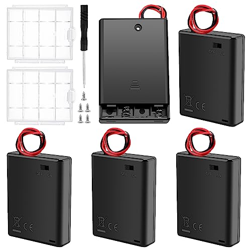 5 PCS 4 AAA Battery Holder, KUOQIY 4 x 1.5V AAA 6V Battery Holder Case with ON/Off Switch & Wire Leads & Cover, with 2 PCS Plastic Battery Storage Box & Screwdrivers & Screws