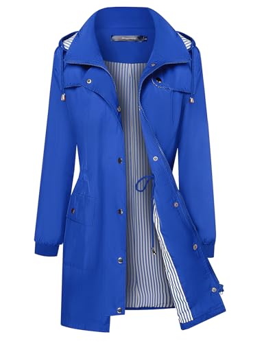Bloggerlove Rain Jackets for Women Waterproof Lightweight Striped Lined Women's Raincoats with Hood Long Rain Coat Royal Blue L