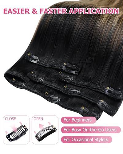 Image of YoungSee Ombre Clip in Hair Extensions Human Hair Long Straight Hair Extensions Clip ins Black Balayage Blonde with Brown Real Hair Extensions Clip in Human Hair for Natural Appearance 120G 24 Inch