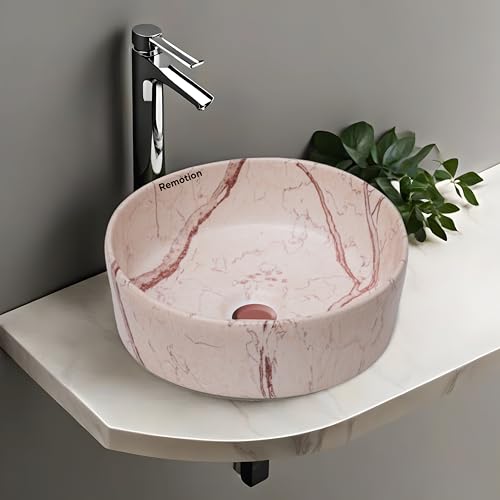 Image of REMOTION Round Countertop Wash Basin For Bathroom | Tabletop Ceramic Bathroom Sink | Wash Basin Over Counter | Wash Basin For Living Room, Resturent (12.5 x 12.5 x 5 Inch) (Designer Cream Maroon)