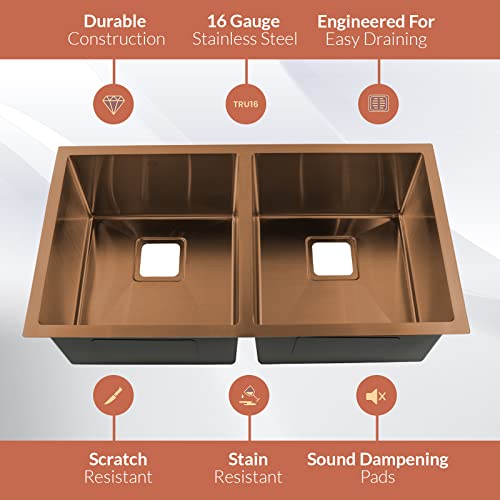 Strictly Sinks 32 Inch Undermount Double Bowl Kitchen Sink – Copper Designer Shelf Accessory 16 Gauge Stainless Steel – With Scratch & Stain Resistant Bottom Grid (Disposal Adapter And Strainer Drain) #TOP2