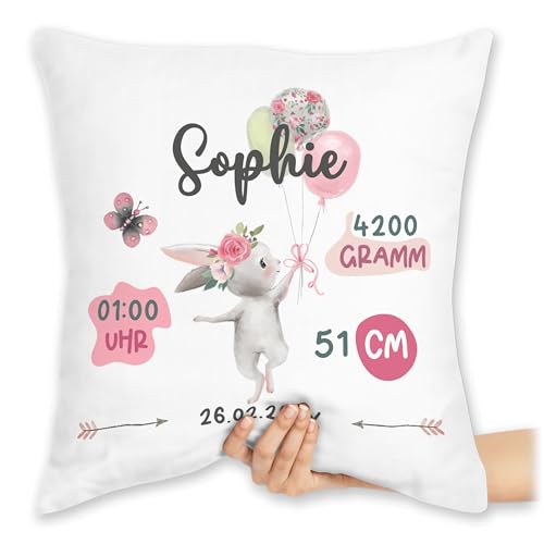 Kissen 40x40 Zierkissen - Geburtsgeschenk Hase Maß Gewicht I Geschenk zur Geburt personalisiert - 40 x 40 cm - Weiß - personalisierte Babygeschenk personalierste Geschenke Baby neugeboren größe