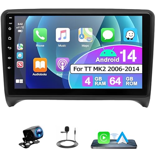 Surakey 4G+64G Android 14 Autoradio pour Audi TT MK2 2006-2014 avec Wireless Carplay Android Auto 9 Pouces Radio avec GPS Navi WiFi Bluetooth Mirror Link FM...