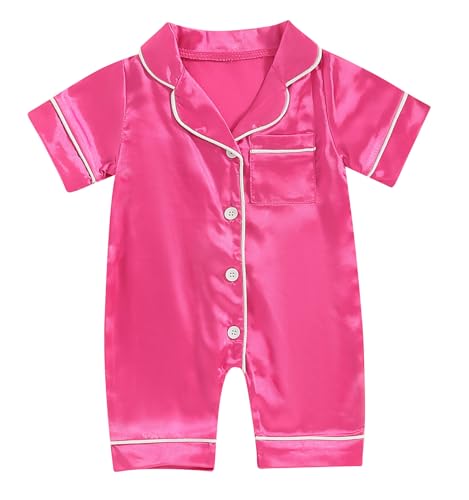 Infant Baby Girl Boy Silk Jumpsuit Pajamas Short Sleeve Button-Up Satin Pjs Footie One-Piece Romper Pajama Nightgown