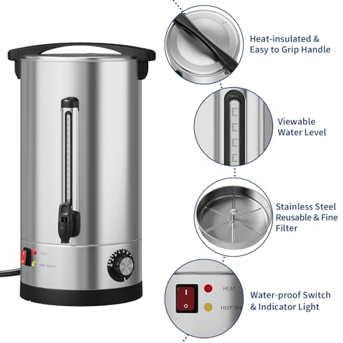 Image of 70 Cup Coffee Urn, 10 l Large Commercial Coffee Maker, Percolator Pot Dispenser with Double-Wall Stainless Steel, Electric Hot Water Dispenser Coffee Dispenser for Wedding,Catering, Events