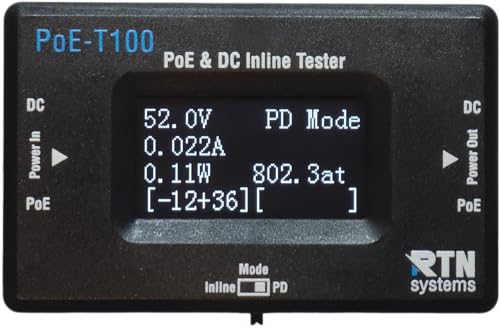 PoE-T100 Inline PoE & DC Tester – Test 802.3af/at/bt, 4PPoE, PoE+, Passive PoE & DC 12-57V with PD Simulator. Shows PoE Standard, Polarity, Voltage, Current & Power