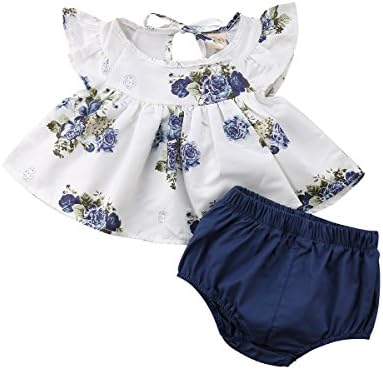 LXXIASHI Infant Baby Girl Harem PP Shorts Clothes Sets, Flutter Sleeves Tank Tops Shirt Dress + Panties Bottoms Outfits (White Floral, 0-3 Months)