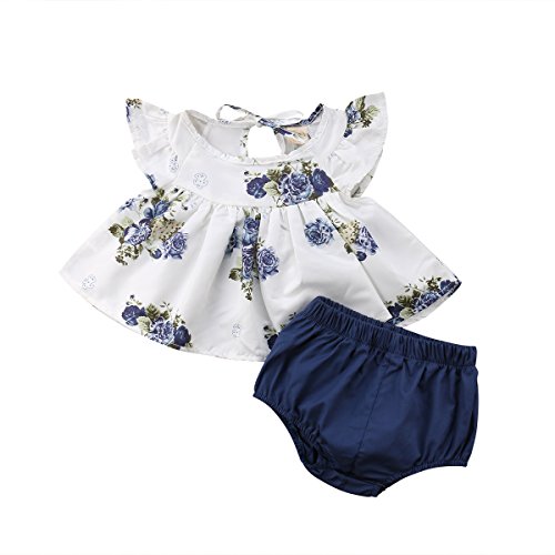 Lxxiashi Infant Baby Girl Harem Pp Shorts Clothes Sets, Flutter Sleeves Tank Tops Shirt Dress + Panties Bottoms Outfits (White Floral, 0-3 Months) #TOP2