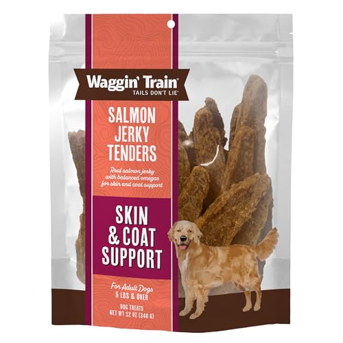 Image of Waggin' Train Salmon Jerky Dog Treats for Skin and Coat Support, Made with 100% Real Salmon, No Grains and No Artificial Flavors or Colors, High Protein Dog Treat, Easily Digestible, 12 oz. Pouch