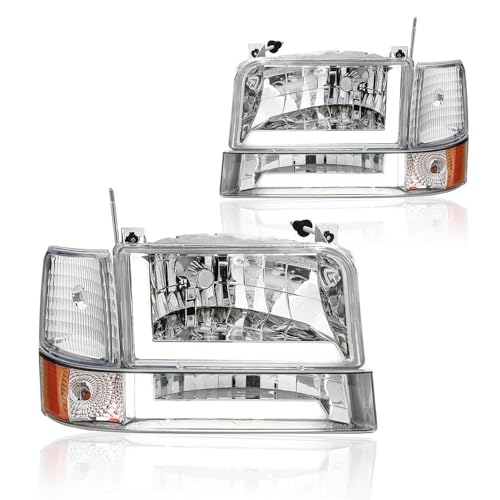 DimFlux LED DRL Headlight Assembly, Headlights Kit Compatible with 1992 1993 1994 1995 1996 Ford F150 F250 F350/1992-1996 Bronco Replacement. Headlamp Chrome Housing Amber Reflector