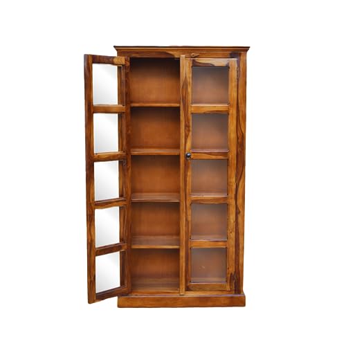 Image of SONA Art & Crafts Wooden Crockery Cabinet with Glass Door | Wooden Book Shelf for Home Library | Bookshelf Crockery Unit for Home & Kitchen Living Room