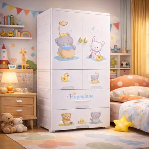Image of Kids Plastic Collapsible Wardrobe Organizer for Storage with Drawers | Cute Cartoon Design | Heavy Duty Runner Rug Floor Mat Carpets Organizer Bedroom, Living Room (Elephant, 1+4-Door)