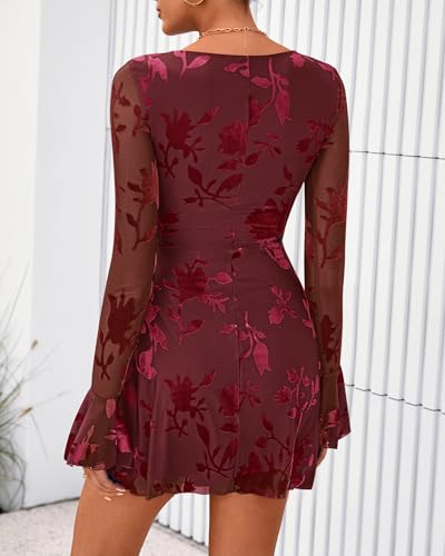 BTFBM Women Floral Wedding Guest Dress Fall 2025 Casual Long Sleeve Crew Neck Flowy Party Cocktail Mini Dresses3