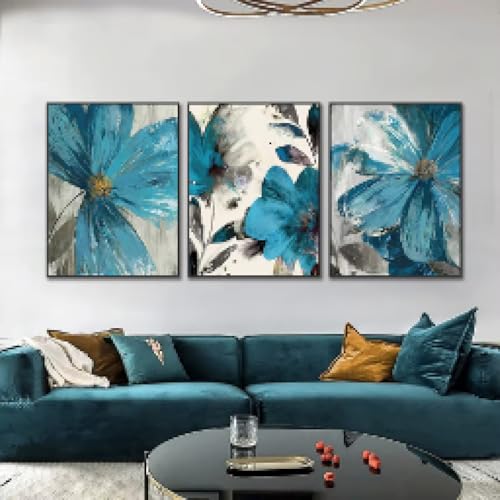 Peinture sur toile fleurs bleues pour salon moderne lot de 3 affiches déco nordique 50x70cm