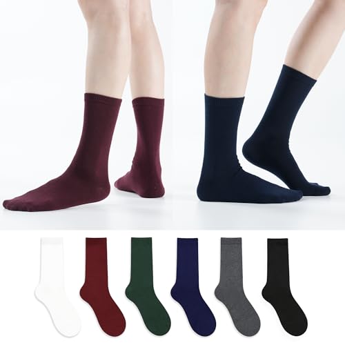 Image of Kikiya Women Mid-Calf Crew Socks - 6 Pairs Comfort Fit Soft Cotton Solid Colorful Dress Socks for Ladies Girls - Wine Navy Green Dark Gray Black White Multicolor Cute Outfit - Solid A - Dark Color(6)