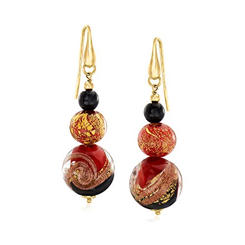 Ross-Simons Italian Red, Black and Gold Murano Glass Drop Earrings in 18kt Gold Over Sterling