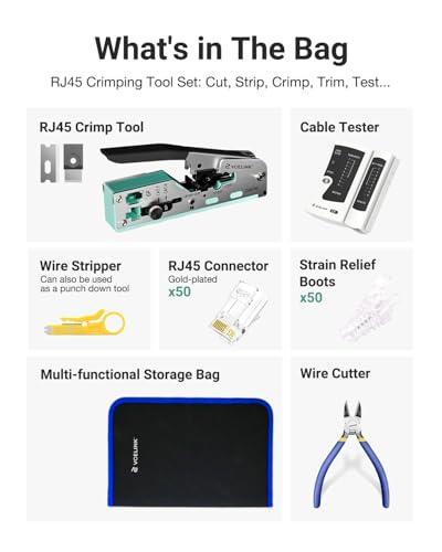 Image of VCELINK RJ45 Crimp Tool Kit for CAT7 /6A /6 /5E /5, Upgraded Network Tool Set with an Ethernet Crimper, 50 RJ45 Connectors & Boots, Cable Tester, Wire Stripper and Cutter in a Cloth Bag, Green