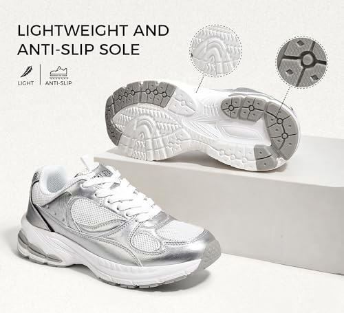 Lucky Step Damskie buty do biegania platforma grube trampki do chodzenia oddychająca siatka wygodne lekkie modne codzienne tenisowe buty dla taty, Srebrny, 37 EU