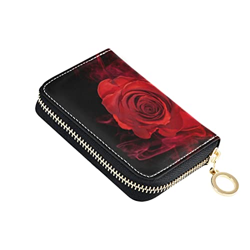 Red Rose Flower Wrapped in Red Smoke Swirl on Black Background Grey Credit Card Coin wallet, RFID Blocking Compact Women Leather Card Holder, Key Change Organizer, Zipper Purse Clutch Pouch