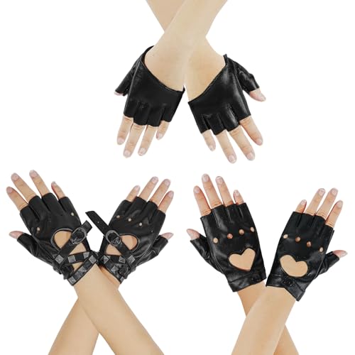 GANBDONGH 3 Pairs Leather Punk Gloves Fingerless Gloves for Women Men Driving Cycling Sports Black Half Finger Punk Glove for Women (Fashion)