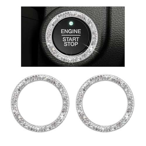 Image of 2 PCS Car Bling Crystal Rhinestone Engine Start Ring Decals, Sparkling Diamond Car Push Start Button Ignition Ring Sticker, Auto Key Ignition Knob Ring Decoration for Women Girls (White)