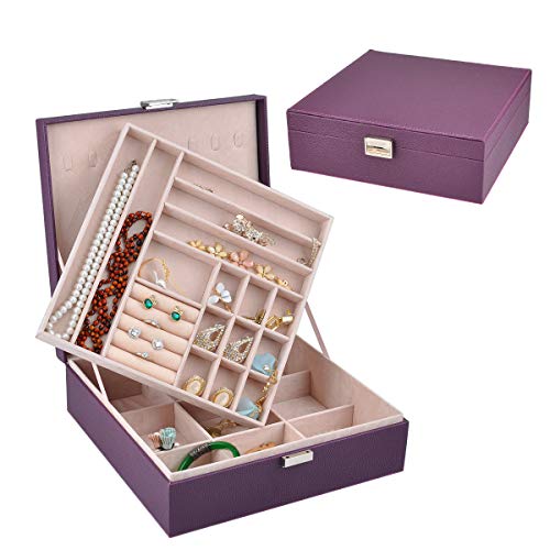 Nirong Lavie Women's Jewelry Box 2 Layer Faux Leather Square-Shaped Lockable Jewelry Storage Organizer Display Case/ Box Travel Mini Jewelry Case Gifts (Purple) #TOP4
