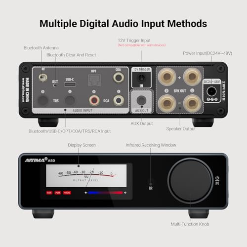 Image of AIYIMA A80 Bluetooth Stereo DAC Amplifier TPA3255,PFFB & Digital VU Meter