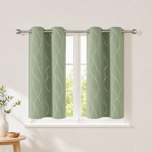 BUHUA Sage Green Wave Dot Gold Foil Blackout Curtains, 26 x 40 Inch Set of 2, Thermal Soundproof Wrinkle Resistant Panels, Light Blocking Privacy Drapes for RV, Small Bedroom, Kitchen, Nursery