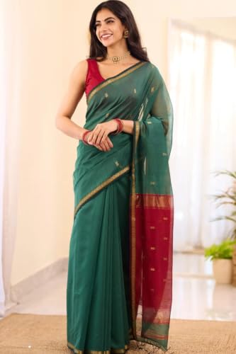 Image of SGF11 Women's Kanjivaram Soft Cotton Linen Silk Saree With Blouse Piece