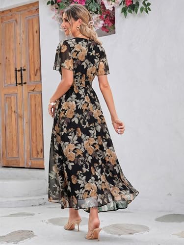 Image of Simplee Women's Boho Floral Maxi Dress Flowy Casual V Neck Short Sleeve Wedding Guest Holiday Beach Long Dress