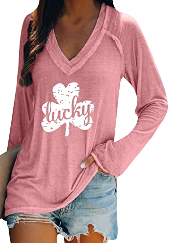 Image of BOFETA Women St Patricks Day Sweatshirts Loose Long Sleeve Shirts Green Shamrock Print Blouse Flowy Color Block Pullover Tops