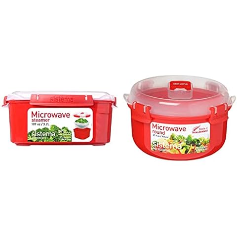 Vaporera grande de microondas de plástico rojo con cierre hermético y colador extraíble Cover