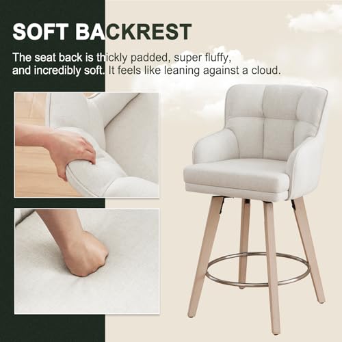 Butacos giratorios SAECKBERG de altura para barra con respaldo, patas de madera maciza de 26 pulgadas, sillas modernas para cocina o isla, tapizado en tela (beige, altura 26", juego de 2) miniatura 5