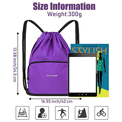 Tuyapet Drawstring Backpack Gym String Bag Water-Resistant Lightweight For Men And Women With Zipper Pockets,Purple,15L #TOP4